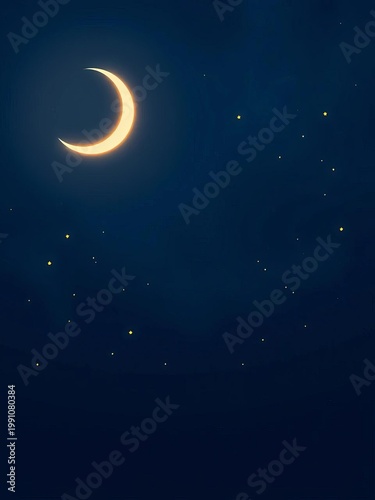 Dark blue Ramadan sky with a glowing crescent moon and scattered stars, ideal for religious cards,  crescent moon,  festive