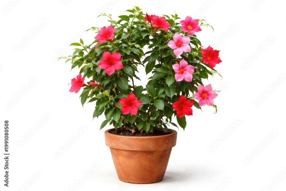 Naklejka premium Bright mandevilla vine in a terracotta pot shown from the front against a clean white backdrop
