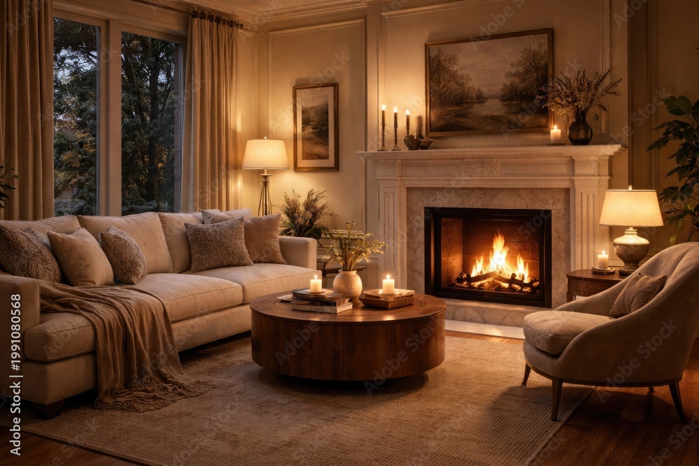 Fototapeta premium Cozy living room interior featuring a soft couch, elegant chair, and glowing fireplace