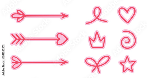 Vector set of pink decorative line icons including arrows, hearts, crown, star, ribbon loops, and swirl elements. Suitable for romantic design, stickers, cards, invitations, and cute graphic projects.