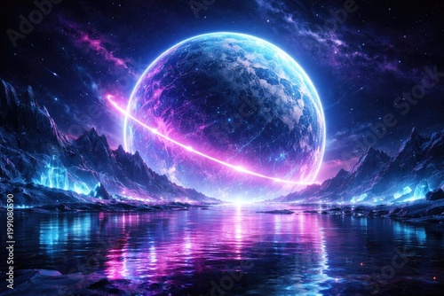 Futuristic neon illuminated icy planet with reflective water under dark sky