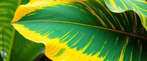 Large, vibrant green and yellow variegated banana leaf with prominent veins,   illustration,  greenery