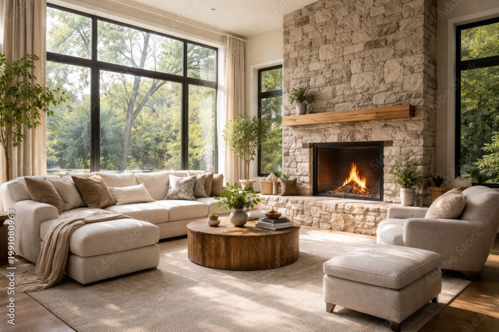 Fototapeta premium Comfortable modern living area with a stone fireplace and natural light inside