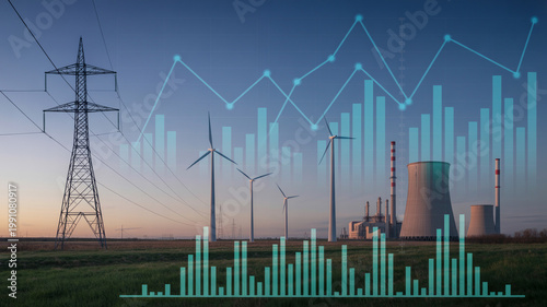 Industrial power plant with wind turbines and high voltage pylons under digital analytics overlay.
