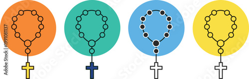Rosary Beads Icon Set with Cross Symbols in Different Colors for Religious, Spiritual, and Christian Faith-Based Designs