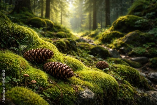 Vibrant moss and pine cones...
