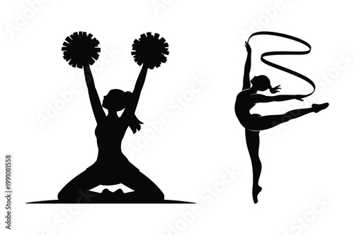 Cheerleader with pom poms and rhythmic gymnast with ribbon, cheerleader