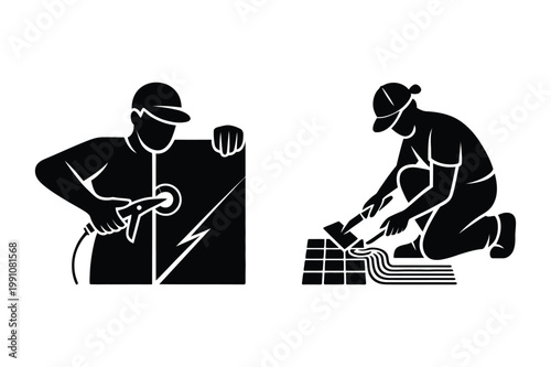 Worker installing solar panel and builder laying bricks with construction