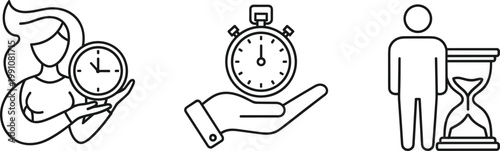 Time Management Icons Set Featuring Woman Holding Clock, Stopwatch, and Hourglass for Time, Efficiency, and Productivity Designs