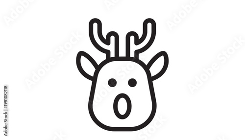 Reindeer head icon with friendly face and antlers, bold black outline on clean white background featuring deer, winter character, Christmas with