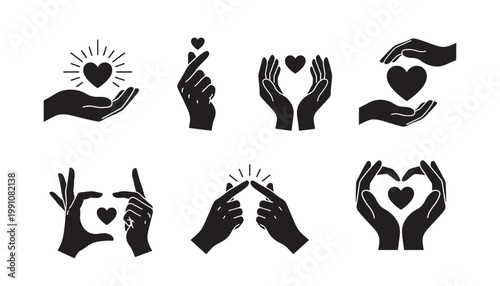Hands with heart symbols set, black silhouette style with love gesture icons for Valentine and care messaging