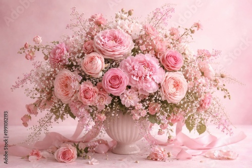 Beautiful pink floral arrangement on a soft pastel pink backdrop for romantic occasions including Valentines and Mothers Day