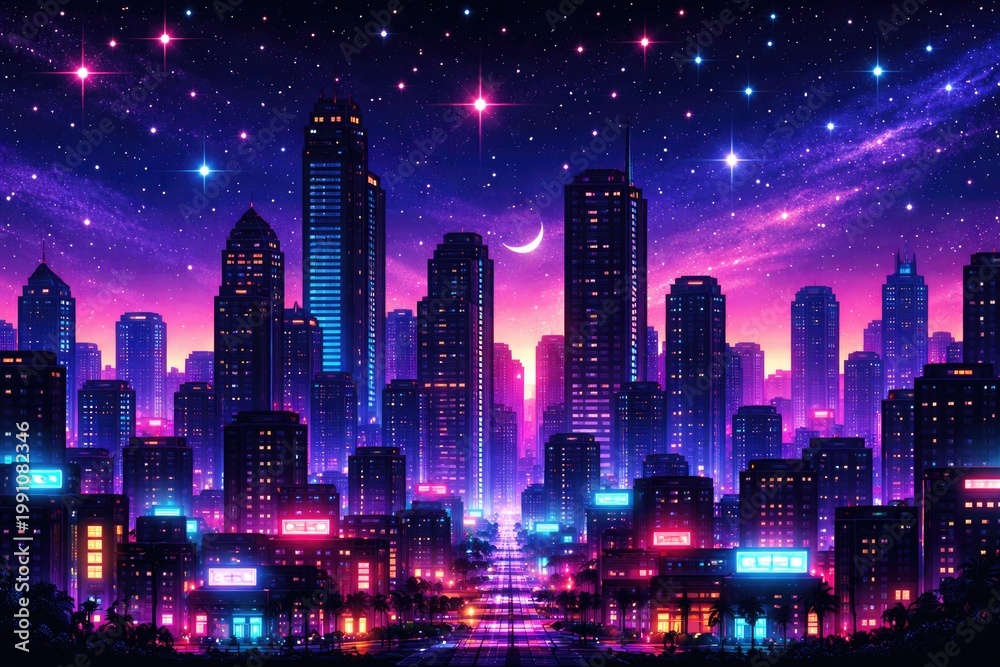 Fototapeta premium Retro pixel style neon cityscape featuring high rise silhouettes and sparkling stars for vibrant game scene