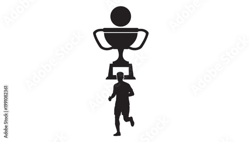 Trophy silhouette with running athlete icon, simple black symbol for sports competition and winner celebration design