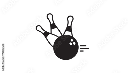 Bowling ball icon with black curved motion lines and pins silhouettes in simple vector style featuring silhouette, strike, spare with alley and sport
