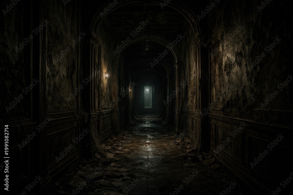 Obraz premium Mysterious tunnel hallway of an old abandoned house with haunting darkness