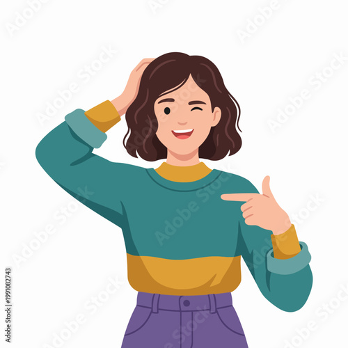 A joyful young woman with a friendly smile scratches her head in thought, highlighting her creative idea or realization, embodying positivity and a can-do attitude.