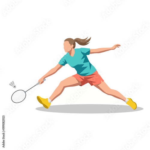 This dynamic image showcases a female badminton player lunging forward with a racket, illustrating active sport participation and the athletic spirit of competition and performance.