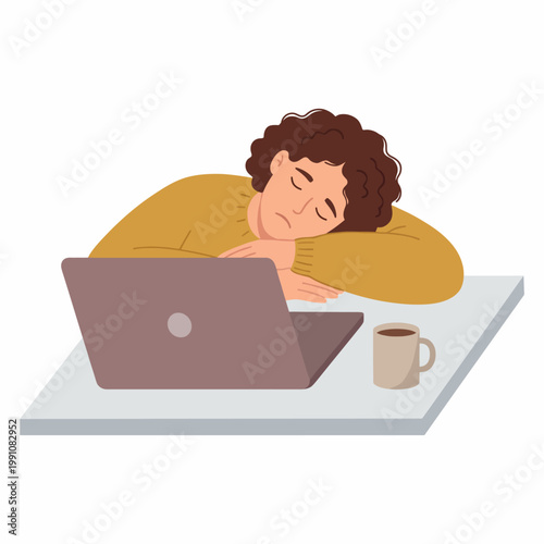 An exhausted individual sleeps on their desk next to a laptop and a cup, symbolizing the toll of modern work culture on mental and physical health.