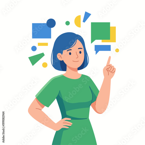 A woman with an inquisitive expression, surrounded by colorful geometric shapes, representing creativity and idea generation in a vibrant, modern design setting.