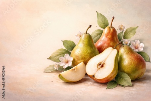 Set of pear illustrations on a soft pastel background with ample copy space