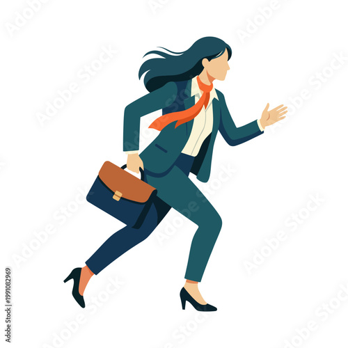 A dynamic illustration of a professional woman in business attire running with a briefcase, showcasing urgency, ambition, and the fast-paced nature of modern life.