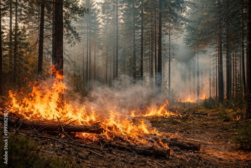 Forest woods burning with controlled flames and smoke and copy space background