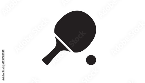 Table tennis paddle icon with ball symbol, solid black silhouette style for sports and ping pong branding
