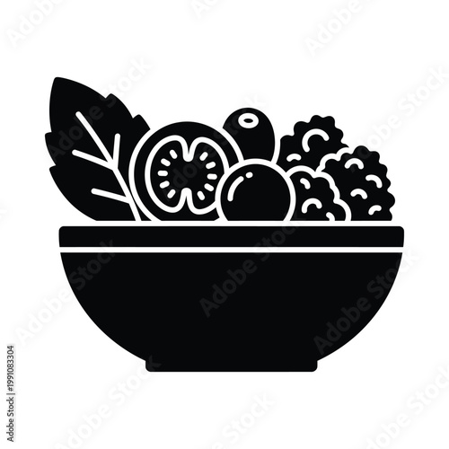 Black silhouette icon of salad bowl filled with fresh mixed greens and tomato slices representing healthy food and nutrition concept isolated on white background for culinary websites