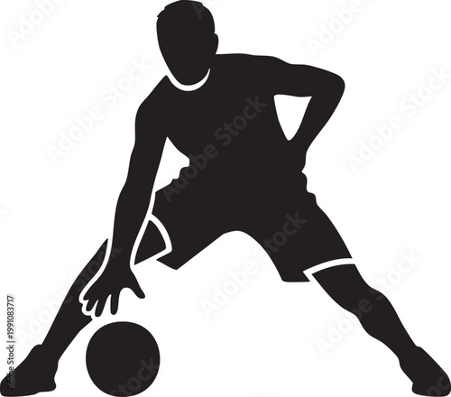 Black silhouette of a basketball player dribbling a ball