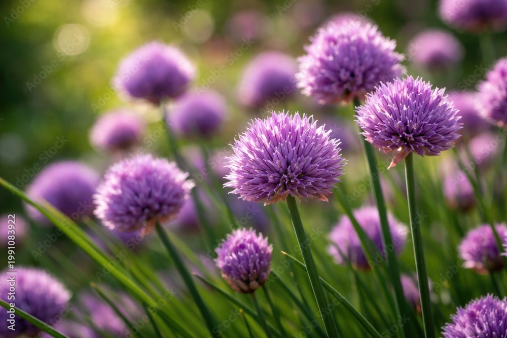 Fototapeta premium Close up of purple chive blooms flourishing in garden