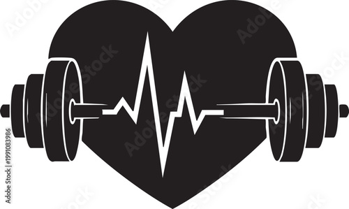 Black heart with white ecg line and dumbbell