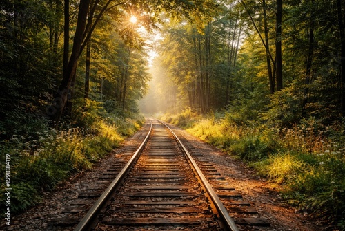 Sunlit railroad trail surro...