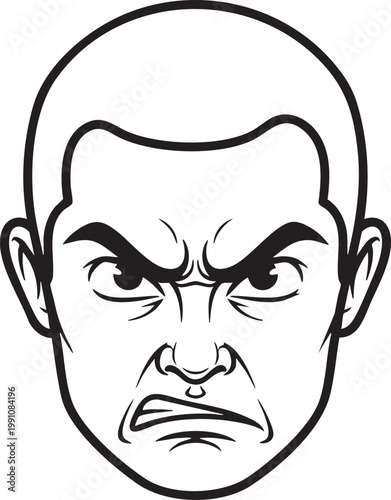 A black and white illustration of a mans angry face with a bald head