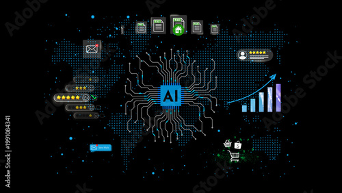  Ai Powered Home Tax and Rent Management Concept with Property Documents, Housing Finance, Real Estate Payments, Global Network, Data Analytics, Customer Reviews, E Commerce and Digital Automation