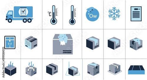 Refrigerated truck and cold storage icons.