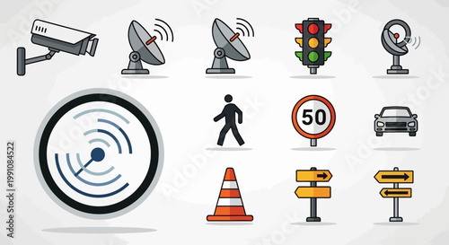 Traffic signs and road safety icons.