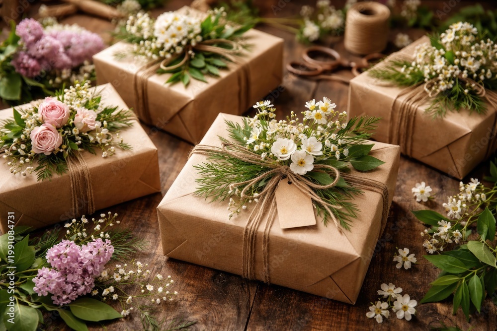 Obraz premium Decorated kraft gift boxes with lush greenery and blossoms for a joyful wrapping presentation