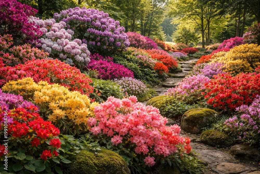 Fototapeta premium Colorful azalea and rhododendron blooms enhancing garden decor