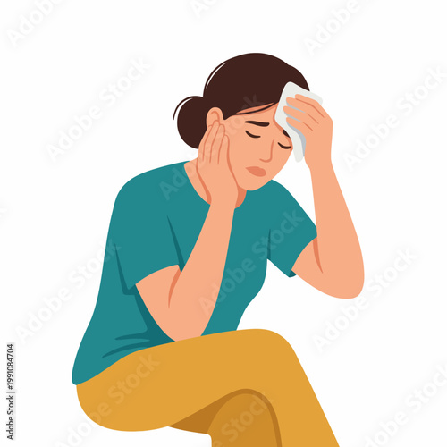 A young woman sits in a contemplative pose, feeling unwell and resting her forehead while gently wiping away sweat, depicting emotions of discomfort and seeking solace in moments of illness.