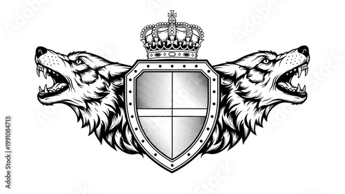 Majestic emblem design with two fierce wolf heads flanking a stylized shield, surmounted by a crown, symbolizing strength, leadership, and a powerful protective spirit