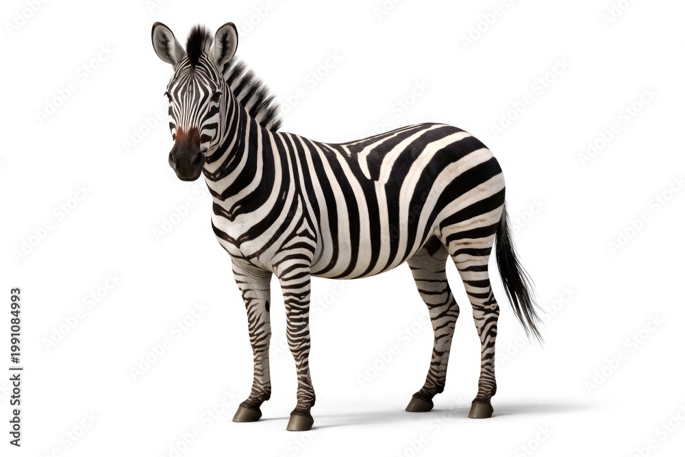Naklejka premium Isolated zebra featured on a plain white studio backdrop