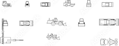Technical CAD block set of heavy construction equipment including excavators, wheel loaders, and road rollers in orthogonal plan and elevation views.