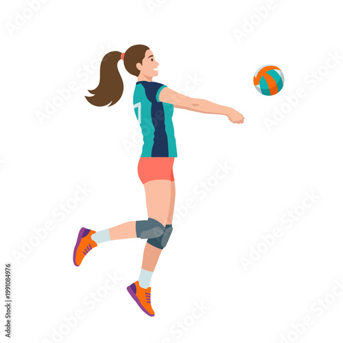 A female volleyball player is jumping and spiking a ball towards the court, demonstrating athletic prowess and vibrant sportswear in an action-packed moment of gameplay.