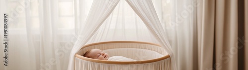 Peaceful newborn blissfully asleep in a round, soft-toned bassinet under a sheer canopy, illuminated by gentle window light and light curtains. Cozy, tranquility. newborn, nursery