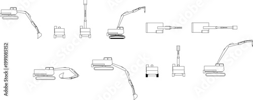 Technical CAD drawing set of excavators and heavy machinery showing side, top, and front views with various boom and bucket configurations.