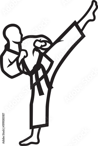 A black line drawing of a person in a karate uniform kicking high