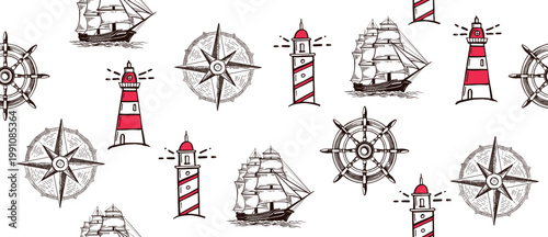 Old vintage sailboat, lighthouse, Wind rose, pattern hand drawn