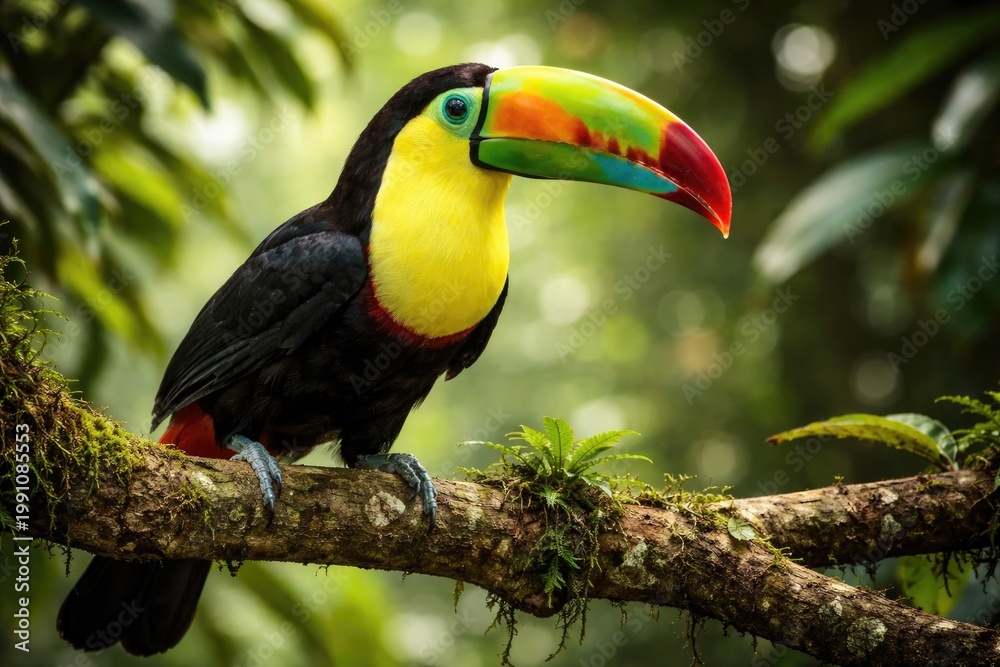 Fototapeta premium Tropical keel billed toucan with bright beak sitting on natural tree limb