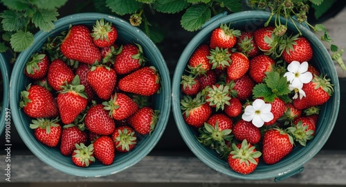 Strawberries cultivated at home in containers with ripe berries and floral blooms for text